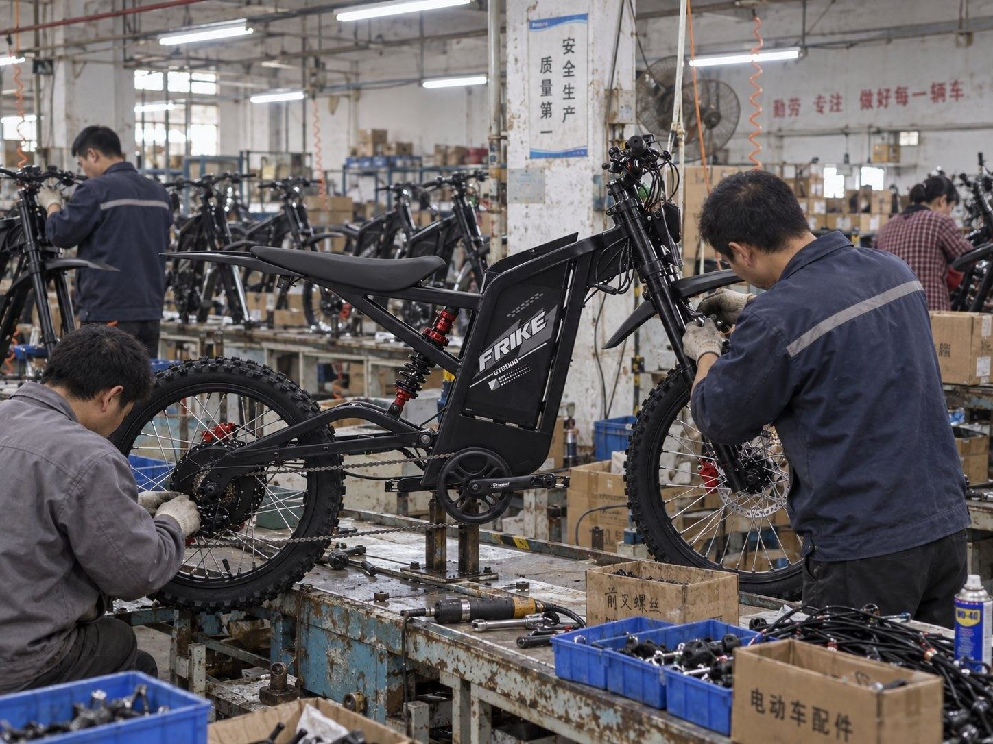 Assembly line at our manufacturing partner's facility in Xingtai — workers building electric bikes