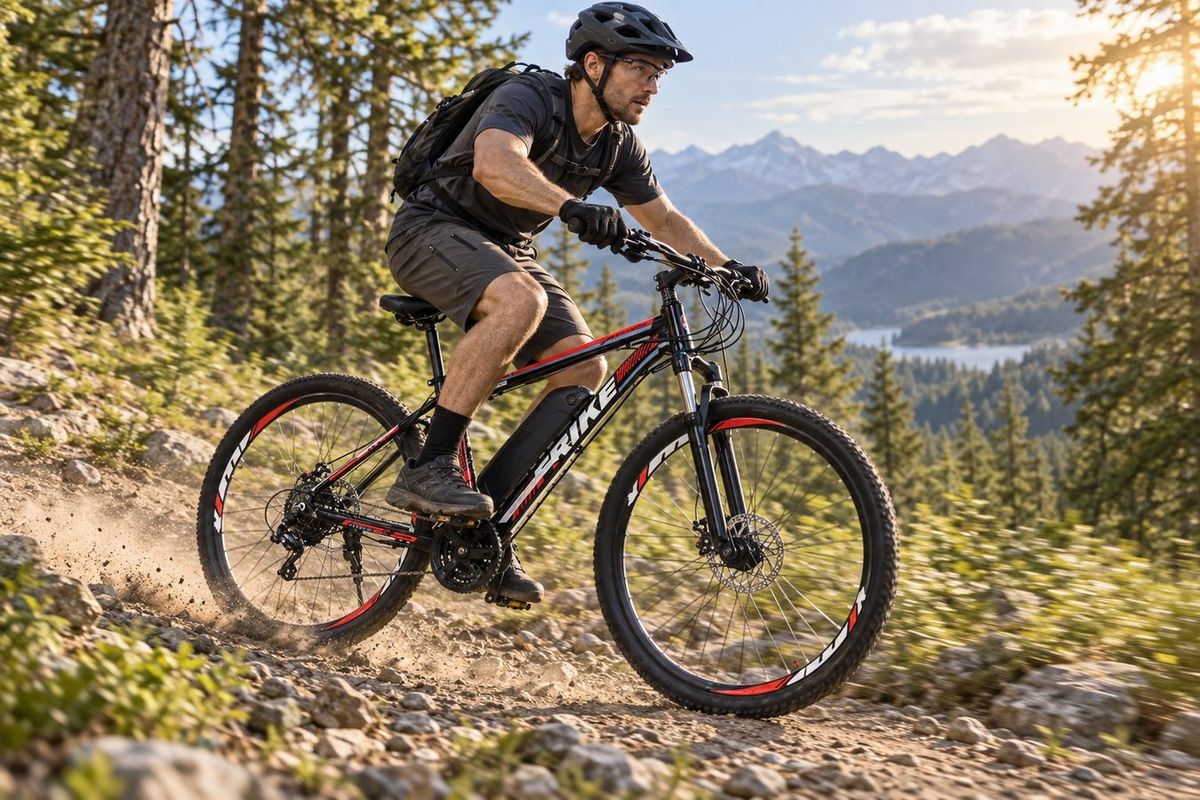 TOJEN E-MTB family — rider climbing a rocky mountain trail