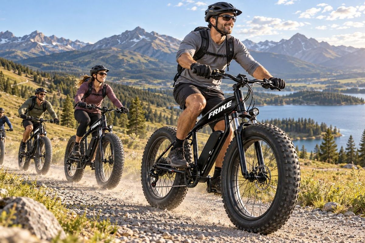 TOJEN Fat Tire family — group riding wide-tyre e-bikes on a mountain trail